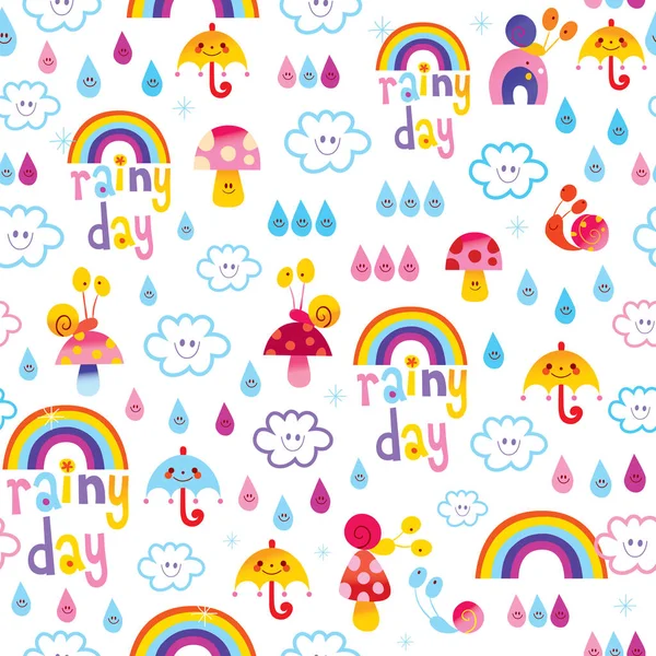 Día Lluvioso Arco Iris Paraguas Gotas Lluvia Caracoles Cielo Patrón — Vector de stock