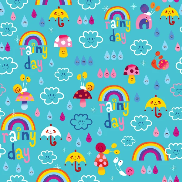 Rainy Day Rainbows Umbrellas Raindrops Snails Sky Seamless Pattern — Stock Vector