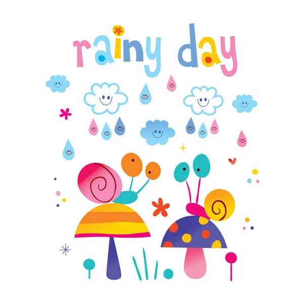 Ploioasă Ilustrație Meteo Melci Drăguți Ciuperci — Vector de stoc