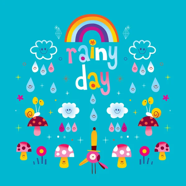 Rainy Day Clouds Rainbow Raindrops Snails Mushrooms — Stock Vector