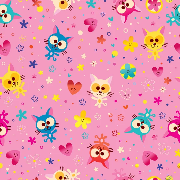 Cute Kittens Flowers Seamless Pattern — Stock Vector