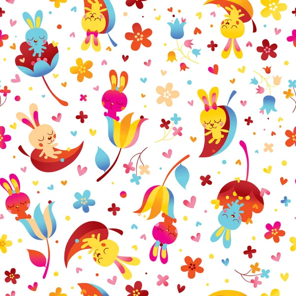 Bunnies Flowers Seamless Pattern — Stock Vector