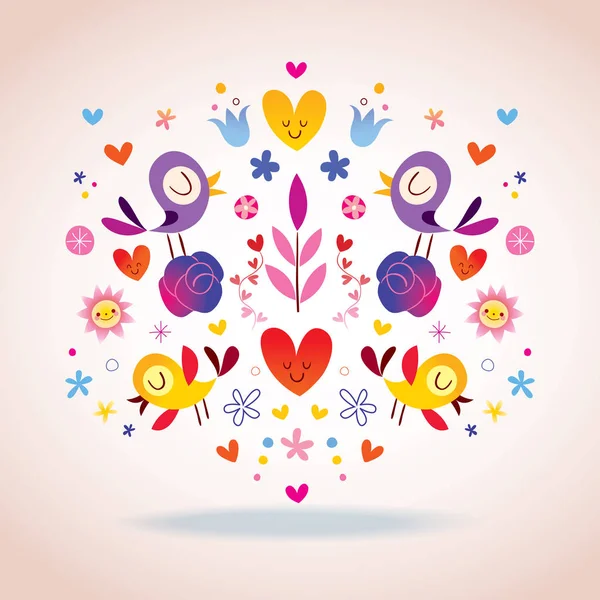 Flores Corazones Pájaros Ilustración — Archivo Imágenes Vectoriales