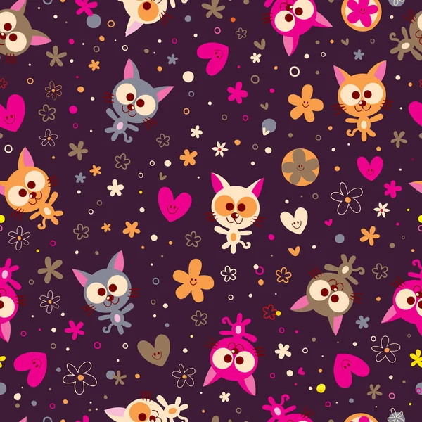 Cute Kittens Flowers Seamless Pattern — Stock Vector