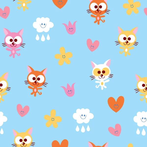 Cute Kittens Clouds Hearts Flowers Seamless Pattern — Stock Vector