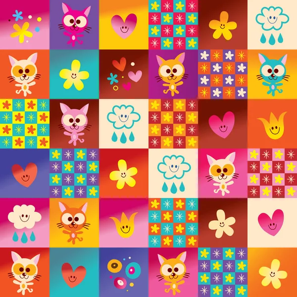 Cute Kittens Hearts Flowers Pattern — Stock Vector