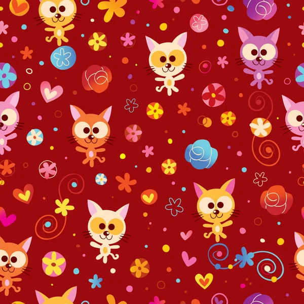 Kittens Hearts Flowers Seamless Pattern — Stock Vector