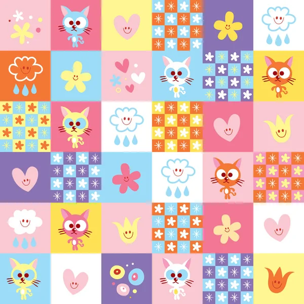 Cute Kittens Clouds Flowers Pattern — Stock Vector