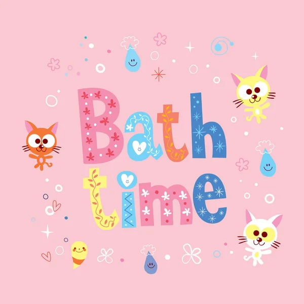 Bath Time Decorative Lettering Type Design Cute Kittens — Stock Vector