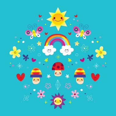 kelebekler gökkuşağı çiçekler mantar kalpleri doğa illüstrasyon