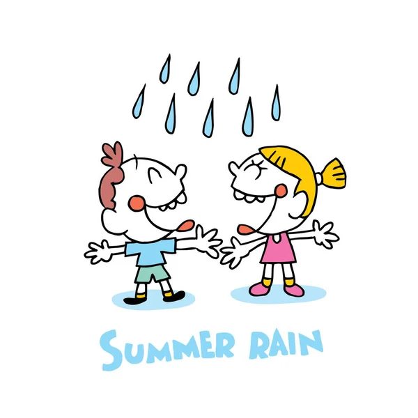 夏天雨 可爱的小男孩和女孩 — 图库矢量图片