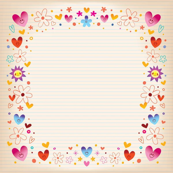 Hearts Flowers Retro Frame — Stock Vector