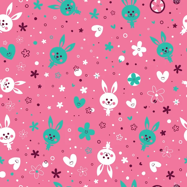 Cute Baby Bunnies Flowers Hearts Seamless Pattern — Stock Vector