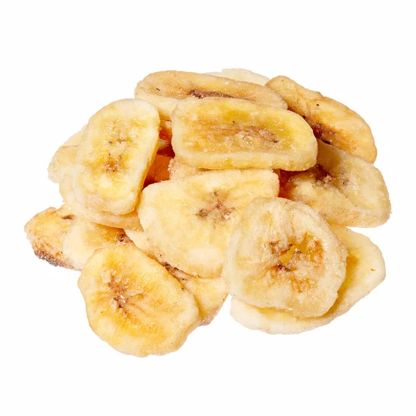 Banánové čipy izolované na bílém, zblízka. — Stock fotografie