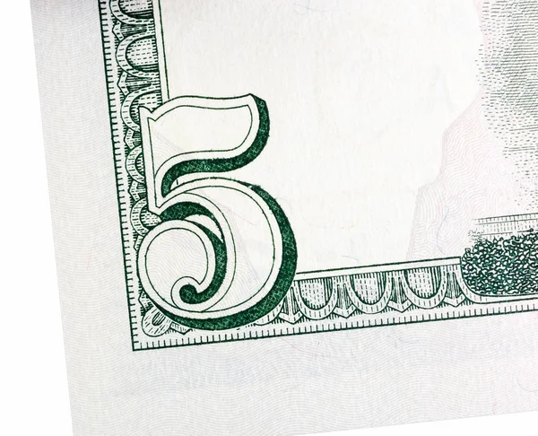 The element of five dollars bill on macro, isolated. — Stock Photo, Image