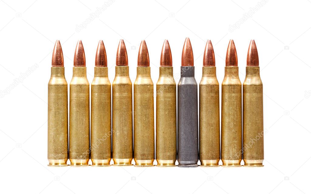 Ten rifle bullets close-up isolated on white.