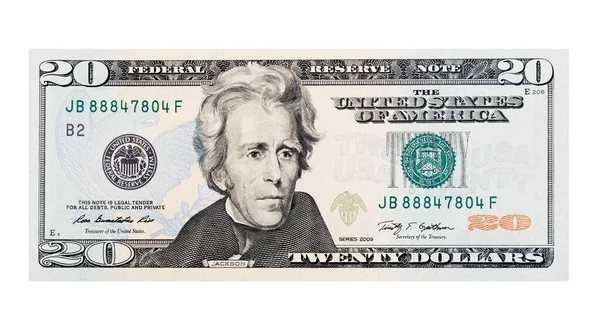 Beyaz arka planda 20 Amerikan doları izole edilmiş..