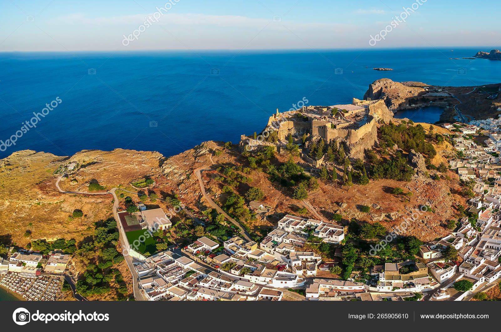 Aerial Birds Eye View Drone Photo Village Lindos Rhodes Island Stock