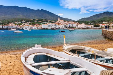 Sea landscape with Cadaques, Catalonia, Spain near of Barcelona. Scenic old town with nice beach and clear blue water in bay. Famous tourist destination in Costa Brava with Salvador Dali landmark clipart