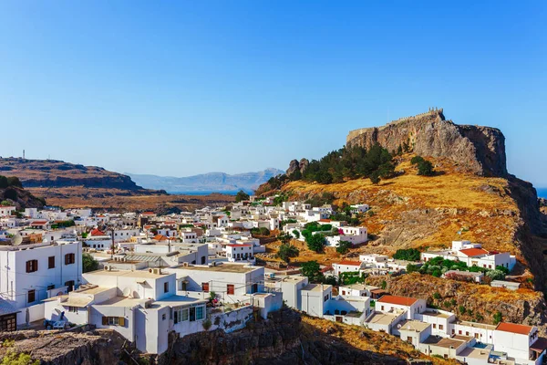 Skyview Paisaje Foto Lindos Ciudad Castillo Isla Rodas Dodecaneso Grecia —  Fotos de Stock