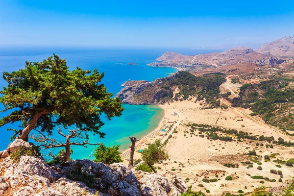 Pohled Krajinu Zálivu Tsambika Ostrově Rhodos Jižní Sporady Řecko Panorama — Stock fotografie