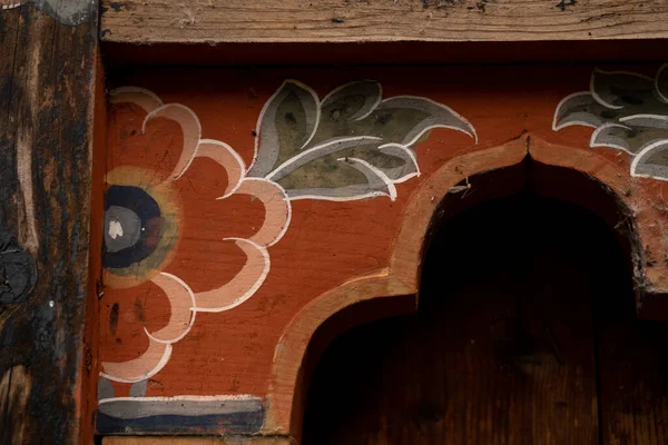 Motif Peintures Anciennes Sur Bois Dans Monastère Bhoutan — Photo