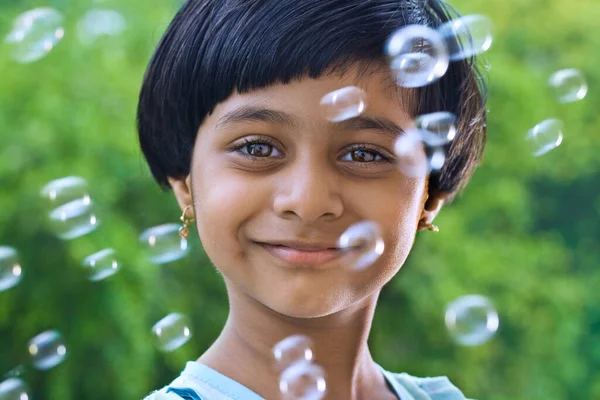 Happy Expression Kid Soap Babbles — Stock Photo, Image