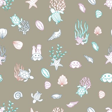 Okyanus yaşam dizaynı kusursuz bir tekrara sahip. Albüm, ambalaj, dekor, dekorasyon, el işi projeleri, kart yapımı, kumaş ve tekstil projelerinde kullanım için mükemmel..