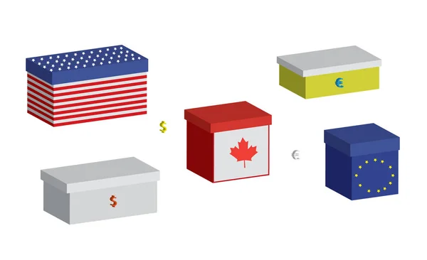 Set Financiële Boxen Collectie Van Symbolische Boxen Voor Dollars Euro — Stockvector
