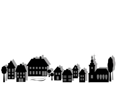 Şehir manzarası. Tek renkli sembolik şehir. Basit siluetlerle yazılmış. Vektör ve jpg.