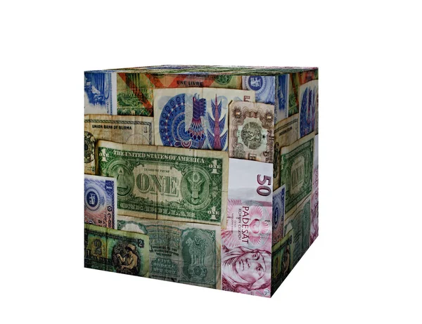 Коробка Мировых Бумажных Банкнот Объект Изолирован — стоковое фото