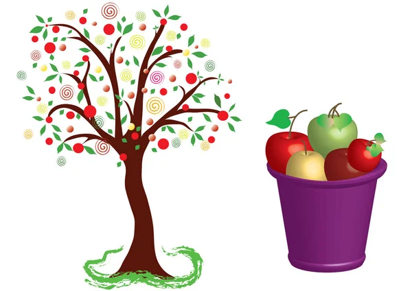 Manzano con manzanas — Vector de stock
