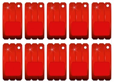 Hediyeler için parıltı lı etiketlerin sayfası. Yazdırırılacak delikleri olan plastik kırmızı etiketler kümesi.