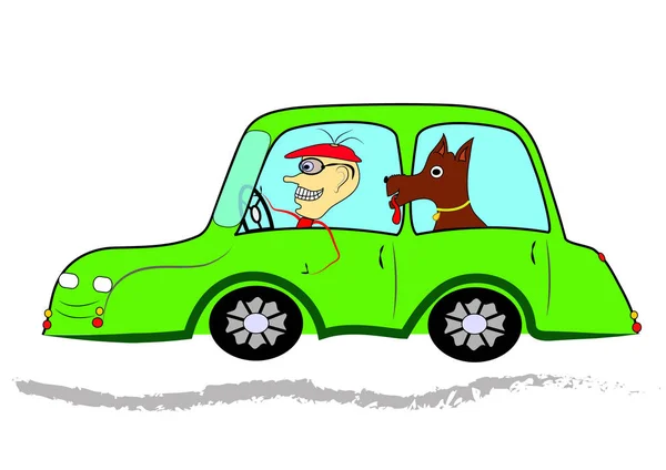 Glücklicher Mann Und Hund Auto Fahren Vektor — Stockvektor