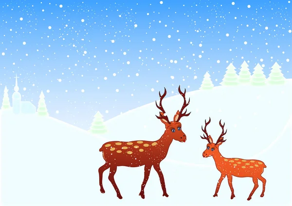 浪漫的冬季景观图片与鹿在矢量 — 图库矢量图片