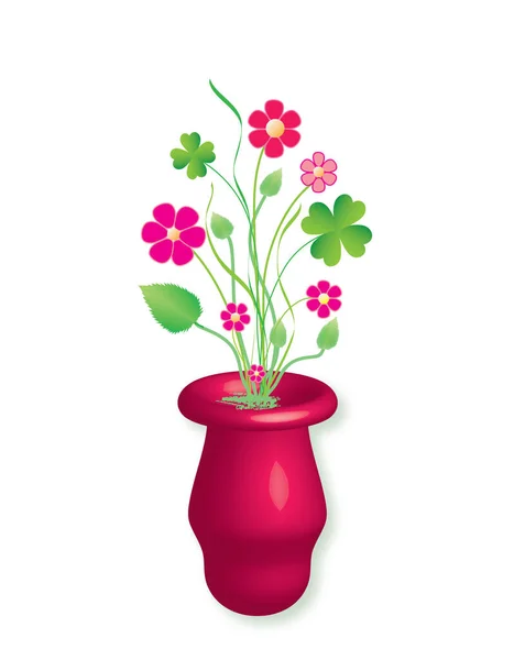 花瓶の紫色の花とクローバーの葉 ベクトル形式 — ストックベクタ