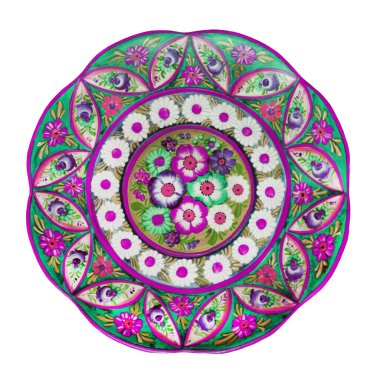 Çiçeksel retro renkli plaka. Çiçek desenli desenli tepsi. Nesne izole edildi. Simge.