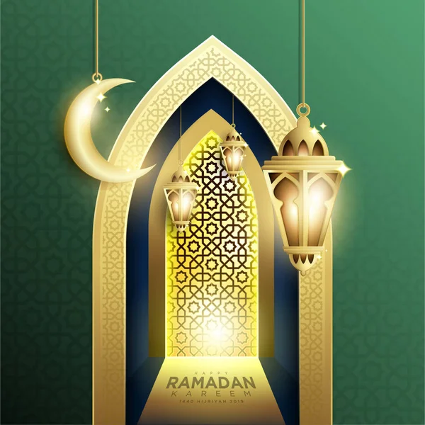 Design elegant al fundalului Ramadan Kareem cu Lanterna și Semiluna Fanoos agățate — Fotografie, imagine de stoc