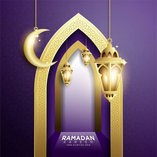 Design elegant al Ramadan Kareem cu Lanterna Fanoos agățată & M — Fotografie, imagine de stoc