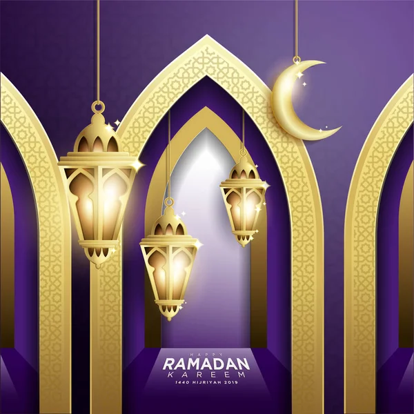 Elegantes Design des Ramadan-Karäems mit hängender Fanoos-Laterne & Moschee-Hintergrund — Stockfoto