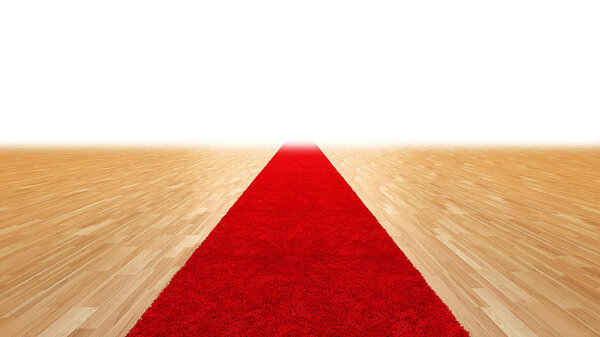 Деревянный пол с красной ковровой дорожкой выцветает на белом фоне
