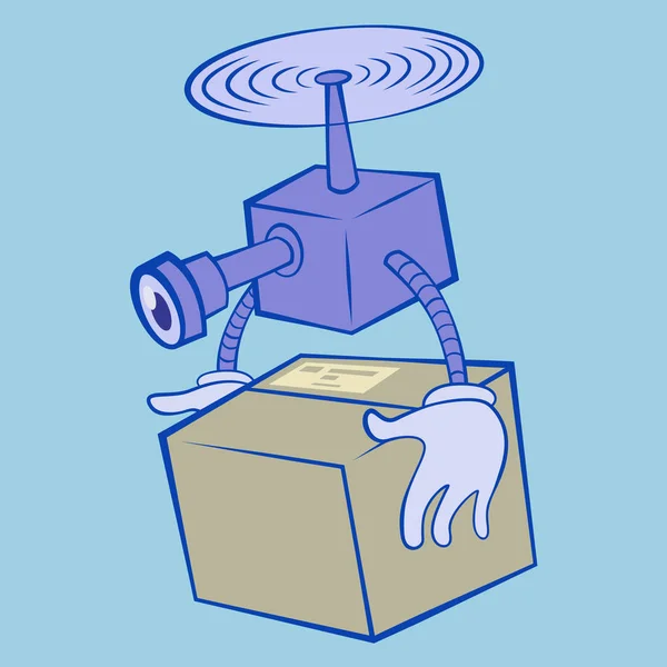 Drone delivery service.Remote air drone carrying a box flying isolated in blue background. Modern delivery of the package by flying drone. Flat illustration cartoon vector