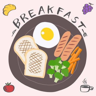 Sahanda yumurta, tost, sosis, Steamed havuç ve brokoli üzerinde siyah plaka ve kruvasan, üzüm, elma ve bir fincan kahve serbest metin çizim ile Kahvaltı