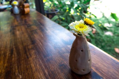 Vazodaki sarı çiçekler ve bahçe arka planı