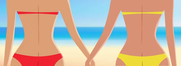 Zbliżenie dwóch dziewczyn w czerwonym i żółtym bikini ilustracji wektorowych — Wektor stockowy