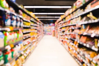 Süpermarket bulanıklık arka plan, çeşitli ürün raf