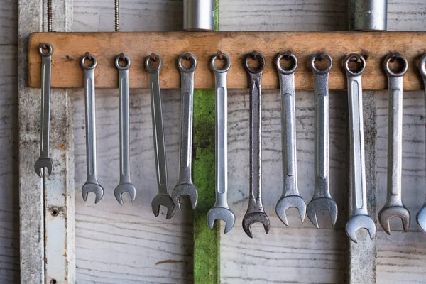 Old Hand Tools Hanging Wall Workshop Auto Service Garage Many — Stock Photo, Image