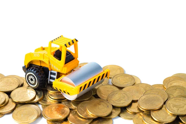 Mini Road Roller Machine Pile Gold Coin Isolated White Background Stock Photo