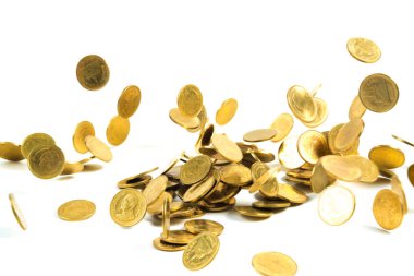 Arka plan, iş para altın para üzerinde beyaz izole düşen ve kavram fikir Finans.