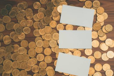 Boş kartvizit veya kopya alanı için metin adı adres ve şirket logosu, sikke üzerinde çalışma tablosu, mali Şirket kavramı fikir yığını eklemek adı kartı.